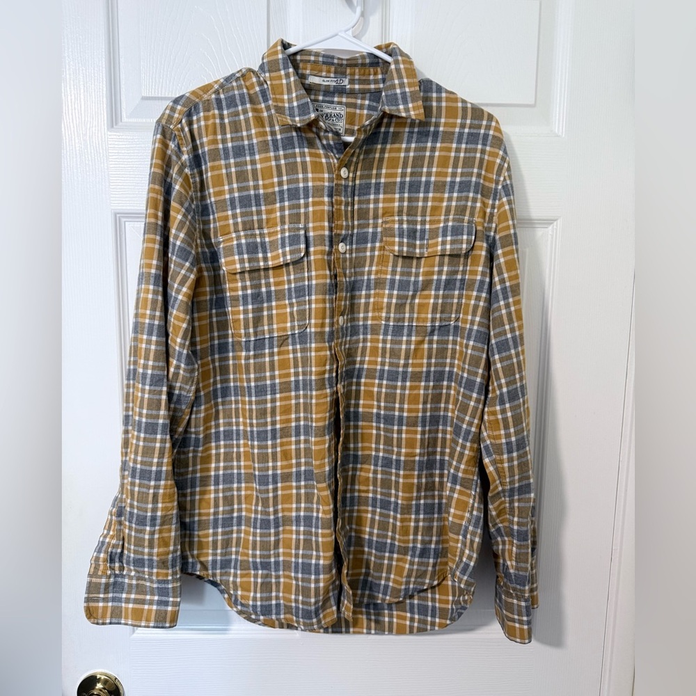 Lucky Brand Shirt Mens Yellow Plaid Saturday Stretch Flannel Snap Western